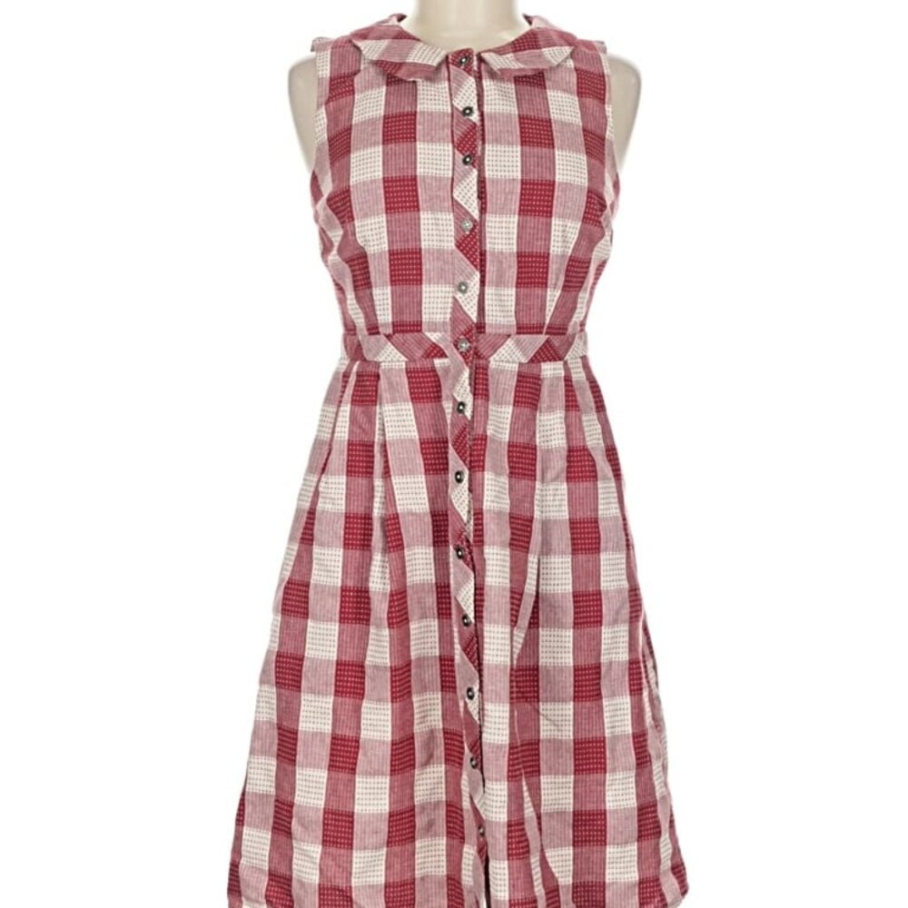 Sleeveless Red & White Gingham Button-Front Dress